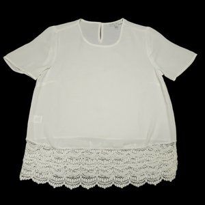 Pale Sky Top Womens Small Ivory Short Sleeve Crochet Sheer Blouse Keyhole